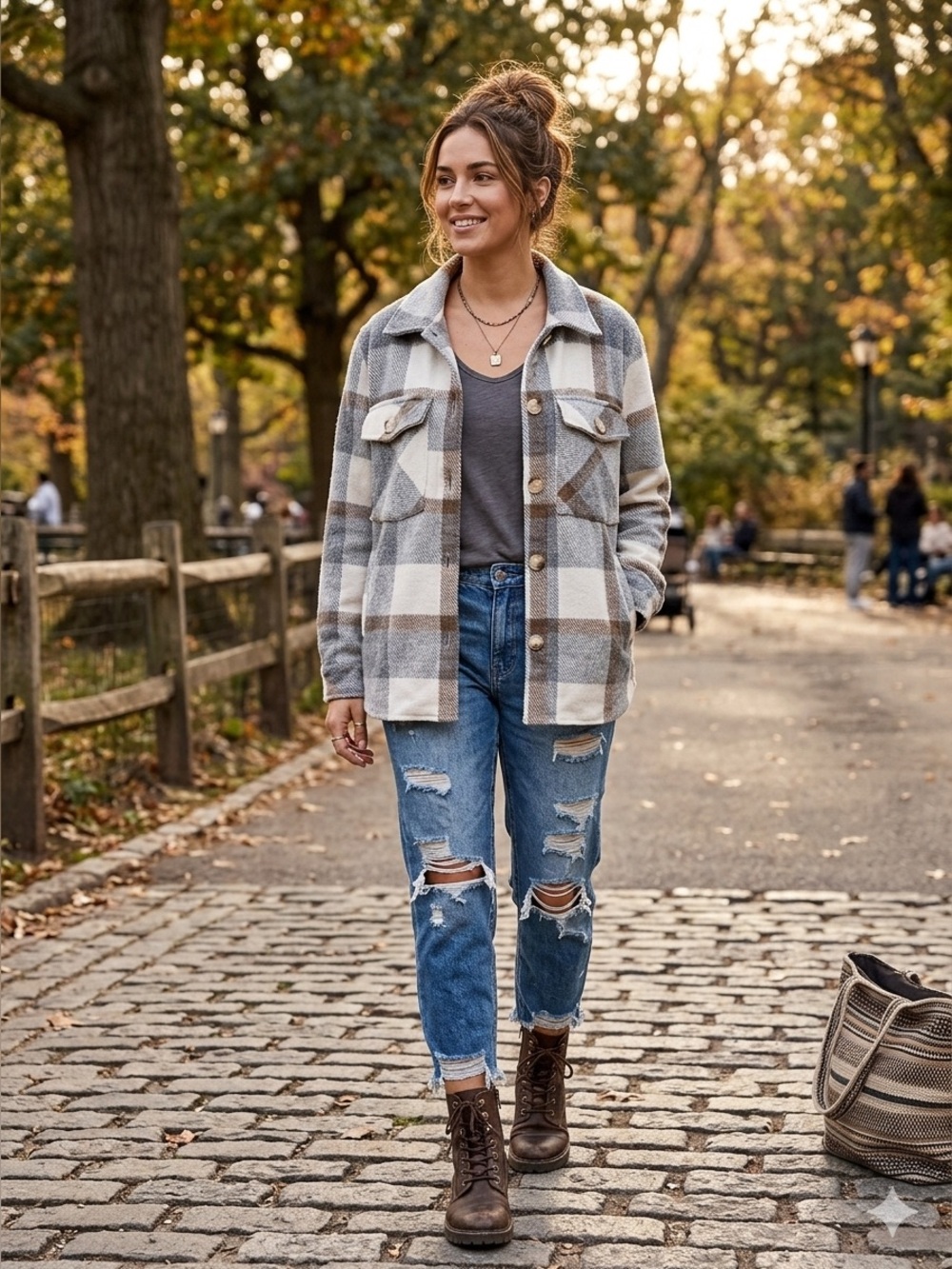 Blank NYC Plaid Utility Jacket - Cream, Gray & Brown